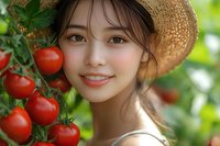 Young Asian woman smiling in straw hat near fresh ripe tomatoes in garden, natural sunlight illuminates her cheerful expression amid green foliage and red produce.