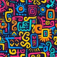 Vibrant aztec style seamless pattern with ancient tribal symbols in neon pink, yellow, blue colors on dark background. Ethnic mexican motifs form repeating tiles.