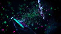 Young woman blowing magical glowing particles in dark setting with neon green and pink bokeh lights creating dreamy atmospheric effect. Artistic portrait with glitter effect.