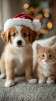 Adorable puppy wearing Santa hat with orange kitten sitting together on couch with warm Christmas lights bokeh background for holiday greeting cards.