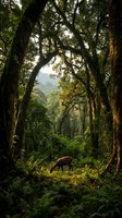 Mystical forest scene with deer grazing among ancient trees and lush ferns in dappled sunlight for nature and wildlife themed projects.