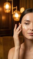 Young woman applying facial cream in luxury spa setting with warm ambient lighting for skincare and beauty routine.