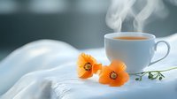 Steaming cup of tea with orange poppies on white fabric in soft morning light creates serene atmosphere for wellness and relaxation concepts.