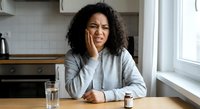 Young African American woman experiencing toothache pain holding cheek in modern kitchen with medicine bottle suggesting dental health issues and relief.