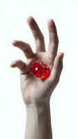 Hand holding red translucent dice isolated on white background. Caucasian male hand displaying gaming cube for gambling, gaming, and chance concepts. Ready for design use.