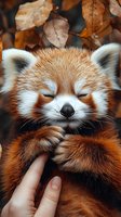 Sleeping red panda with closed eyes being gently petted, surrounded by autumn brown leaves creating cozy atmosphere. Peaceful expression shows animal contentment.
