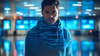 Young male programmer in blue hoodie with projected code overlay in dark office environment with glowing screens and modern tech atmosphere. Cybersecurity concept.