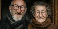 Happy elderly couple wearing glasses and warm sweaters smiling together indoors. Senior man and woman portrait showing love and companionship in later years.