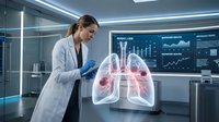 Female doctor analyzing holographic lung model in modern medical laboratory with digital health data displays for respiratory research and diagnosis.