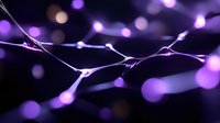 Abstract purple network connections with glowing nodes and bokeh lights on dark background for technology and digital communication concepts.