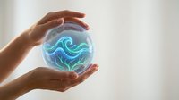 Young woman with medium skin tone holding a glowing neon sphere featuring blue and cyan wave patterns. Suitable for technology, innovation, energy, and futuristic design projects.
