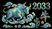 Ornate teal and gold ox with 2033 numerals, Chinese calligraphy, bamboo, and clouds, isolated on transparent background. Great for stickers, sublimation, and t-shirt design.