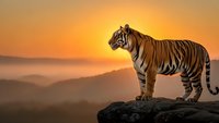 Majestic tiger standing on rocky cliff overlooking mountain landscape at golden sunset, powerful wild cat silhouette against dramatic orange sky.
