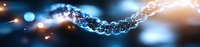 Glowing DNA strand with blue and orange light effects on dark background, abstract molecular structure visualization for science and technology concepts.
