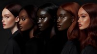 Diverse women models in profile wearing black against dark background showcase different skin tones and natural beauty in dramatic studio lighting.