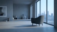 Modern minimalist interior with dark gray armchair positioned near floor-to-ceiling windows overlooking city skyline, concrete walls, polished floor, and sparse decor for contemporary office or residential design projects.
