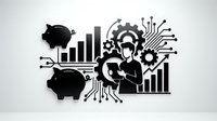 Financial technology concept with piggy banks, businessman silhouette, gears and circuit board elements on white background for fintech design projects.