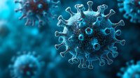Microscopic view of virus cell with spike proteins on blue background, detailed molecular structure showing pathogen surface features for medical and scientific visualization.