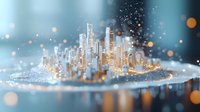 Futuristic glowing cityscape with modern skyscrapers illuminated at night, surrounded by sparkling bokeh lights and magical atmosphere. Suitable for business concepts.