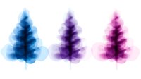 Watercolor pine trees in blue, purple, and pink tones on white background, artistic abstract forest silhouettes with transparent gradient effect, isolated design elements.