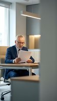 Senior Caucasian businessman with gray beard reading documents at modern office desk with contemporary lighting and minimalist interior design.