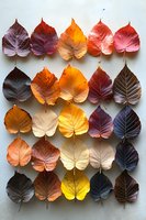 Colorful autumn leaves arranged in neat rows showcasing gradient of fall colors from burgundy to yellow, orange, and red on light background.