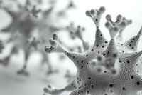 Microscopic view of coronavirus structure in black and white, showing detailed spike proteins and surface texture for medical education and research visualization.
