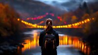 Young woman with backpack standing at viewpoint overlooking illuminated suspension bridge and water reflections at dusk, moody atmospheric evening scene.