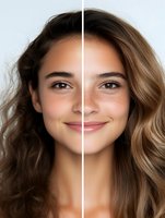 Young Caucasian woman with natural freckles and wavy brown hair shown in split-screen comparison, demonstrating skin retouching effects for beauty and cosmetic advertising.