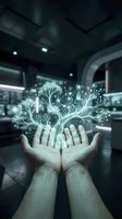 Hands holding glowing digital tree with data network nodes and connections in modern tech environment, representing innovation, artificial intelligence, and sustainable technology solutions.