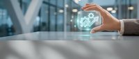 Businesswoman holding glowing holographic growth chart icon on modern office desk with blurred corporate background, representing financial success and data analytics.