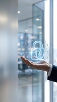 Businessman holding glowing padlock hologram with digital security symbols in modern office environment, representing cybersecurity, data protection, and network safety solutions.