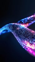 Abstract digital wave with glowing particles in blue and pink neon colors against dark background, representing data flow and technology innovation.