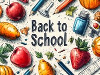 Watercolor back to school composition with apples, strawberry, pumpkins, ink bottle and pencils on textured background. Educational autumn season artwork.
