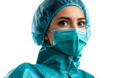 Healthcare professional wearing protective surgical mask, cap and gown in turquoise color looking confidently at camera. Medical staff in PPE uniform.