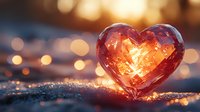 Red crystal heart on snow at sunset with golden bokeh lights creating romantic winter atmosphere. Glowing warm light through transparent heart shape.