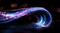 Glowing curved light trail with sparkling particles in blue and purple colors against dark background creates magical energy flow effect.