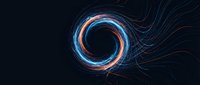 Abstract swirling energy vortex with blue and orange light trails creating dynamic spiral motion on dark background for digital art and technology concepts.