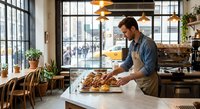 Young male baker in apron arranging fresh pastries on wooden counter in modern cafe with large windows and warm lighting during daytime service.