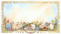 Adorable sleeping mice family nestled among spring flowers in decorative golden frame border with soft pastel watercolor background for nursery decor.