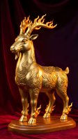 Golden deer statue with flaming antlers and ornate engravings on wooden base against burgundy velvet backdrop for luxury decor and mystical themes.