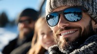 Bearded man wearing sunglasses and winter hat smiling outdoors in snowy weather, reflection of mountains in glasses. Friends enjoying winter activities.