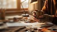 Person holding coffee mug while working with photographs and documents on wooden desk in warm sunlit home office workspace for creative projects.