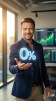 Caucasian male businessman in navy blazer holding glowing zero percent symbol in modern office with financial growth charts on screens behind him, representing low interest rates and investment returns.