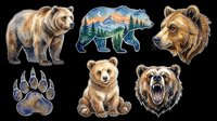 Six watercolor bear clipart set isolated on transparent background, ready for t-shirt design, stickers, sublimation, and print on demand projects.