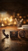 Wooden contact icons phone envelope email symbol on rustic table with warm bokeh lights background for business communication and customer service concepts.