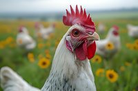 White rooster with red comb and wattles in sunflower field with blurred chickens in background for farm and agriculture concepts.