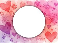 Romantic pink watercolor frame with hearts and flowers surrounding white circle space for text or design elements perfect for Valentine's Day cards.