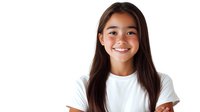 Young Asian woman with long dark hair wearing white t-shirt smiling warmly at camera against light background. Natural beauty and genuine happiness concept.