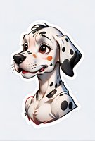 Smiling Dalmatian dog portrait with spotted coat and expressive eyes on isolated background, suitable for stickers, merchandise and children's illustrations.